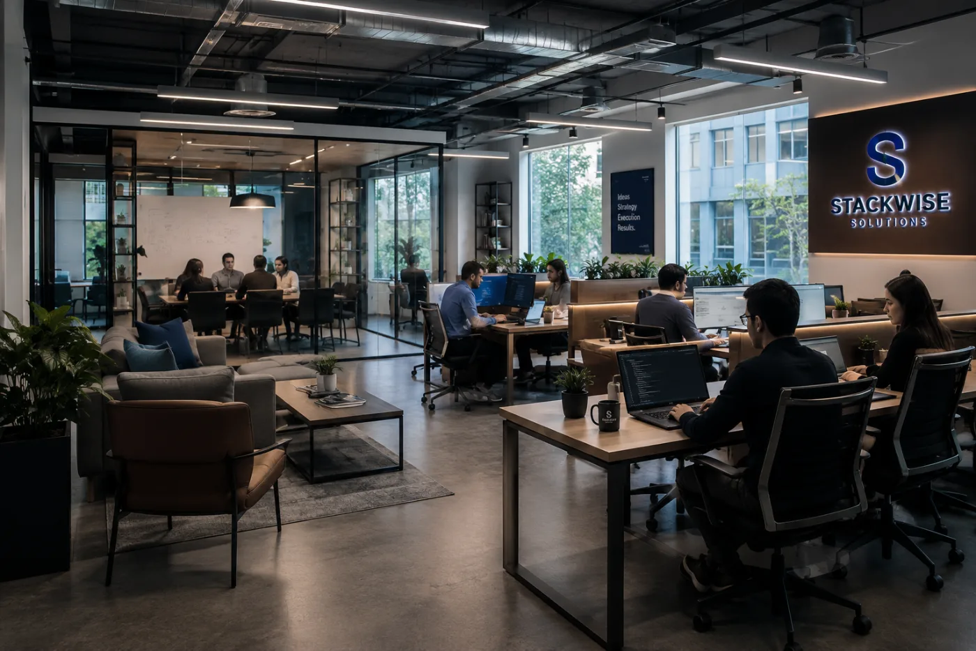 The StackWise Solutions team at work in our studio, with designers and developers collaborating at their desks