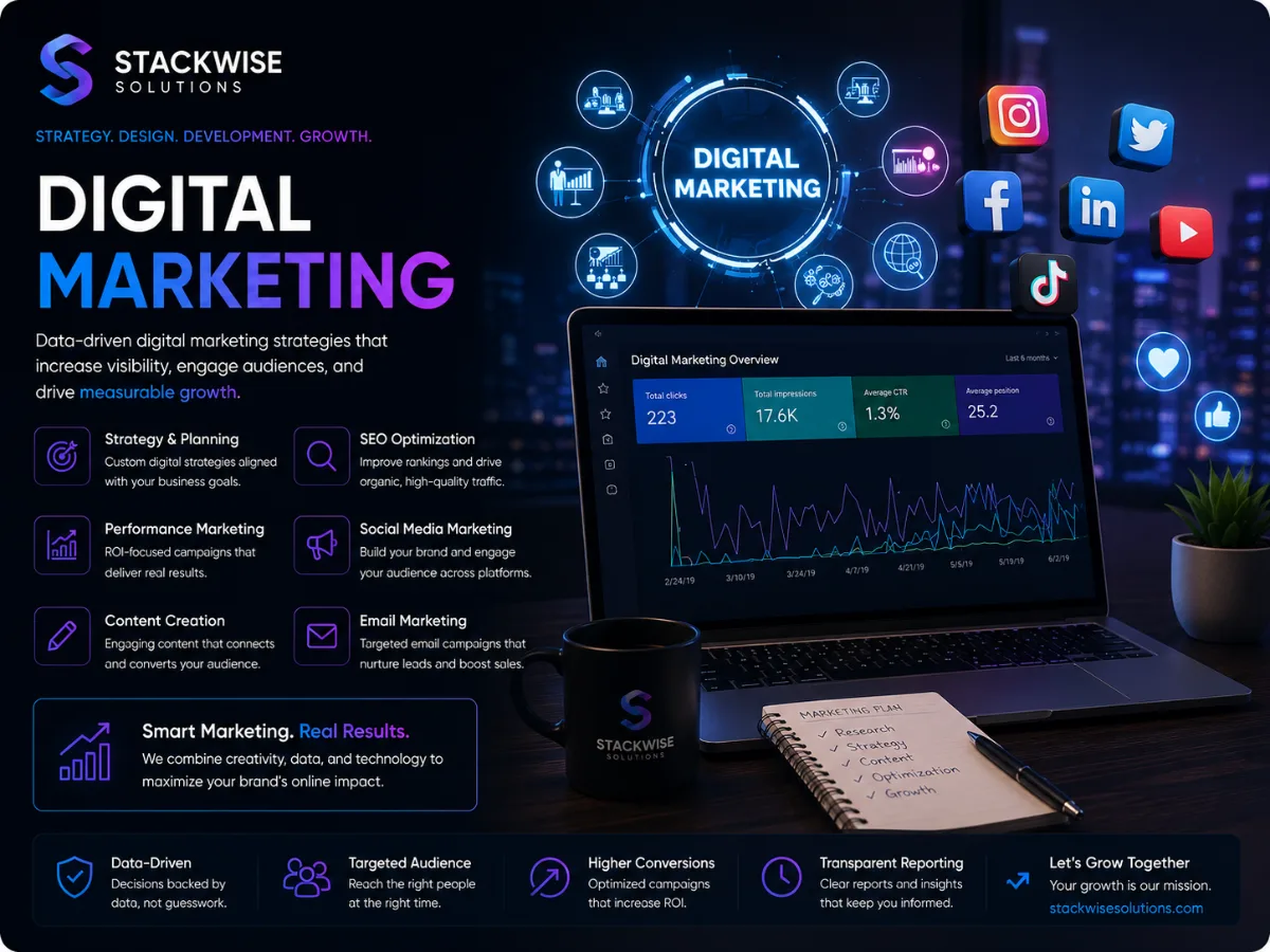 Digital marketing dashboards showing SEO traffic growth and paid campaign performance metrics