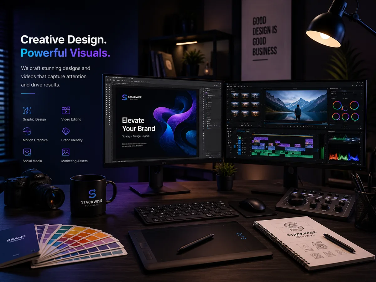 Graphic design artwork on one monitor and a video editing timeline with colour grading on another