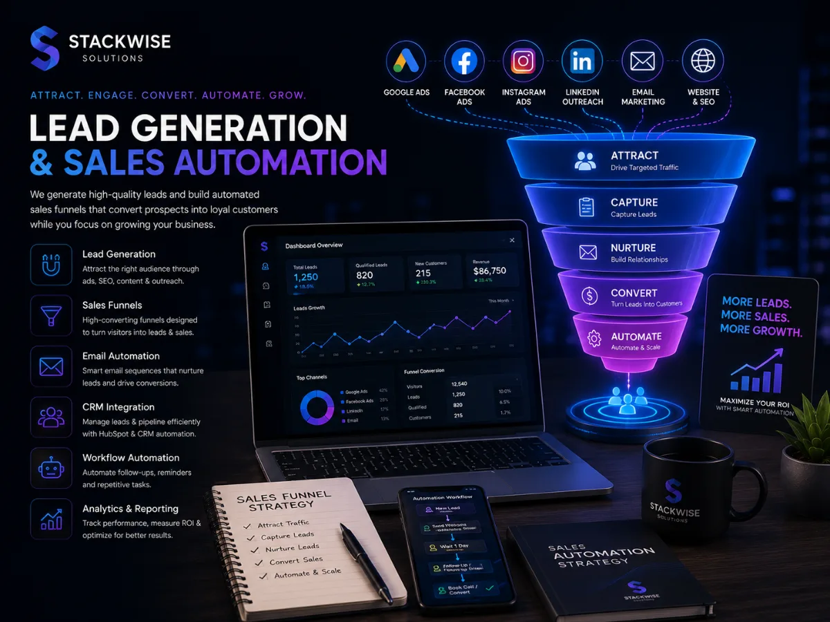 Lead generation dashboard showing qualified leads and revenue beside a five-stage sales funnel from attract to automate