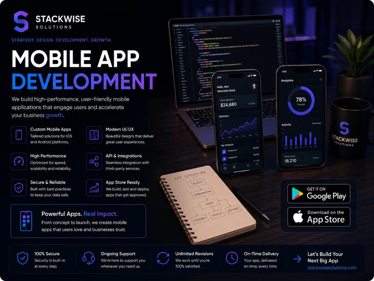 iOS and Android app screens on two phones with app code on a laptop and App Store and Google Play badges