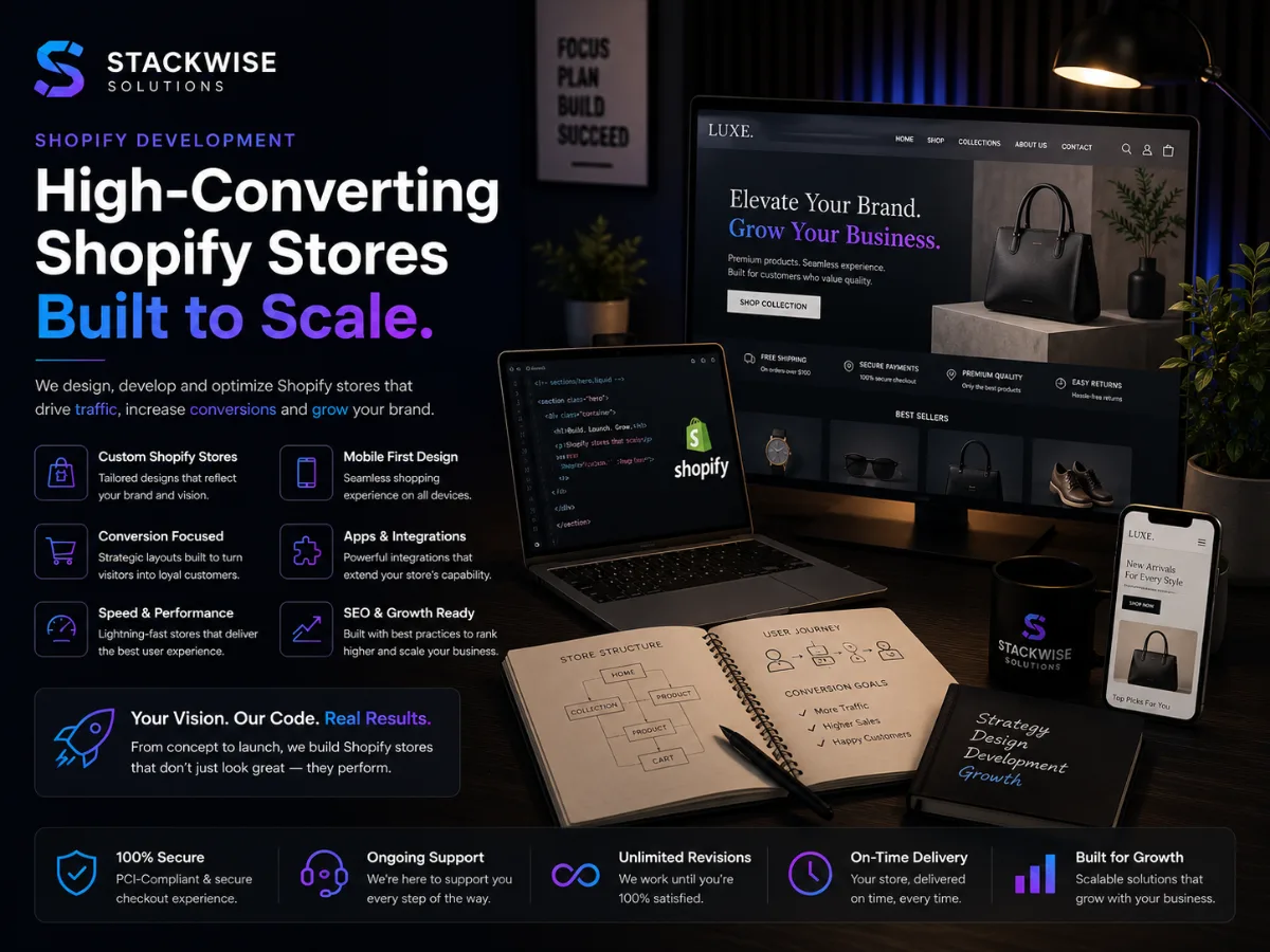 Shopify developer working on custom theme code beside a live Shopify storefront on desktop and mobile