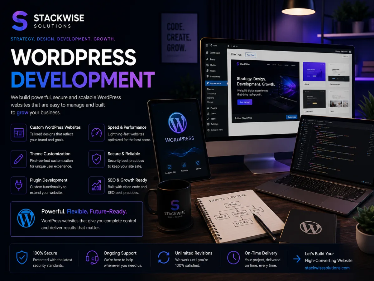 WordPress theme admin open on a desktop with custom theme code on a laptop and a site-structure sketch
